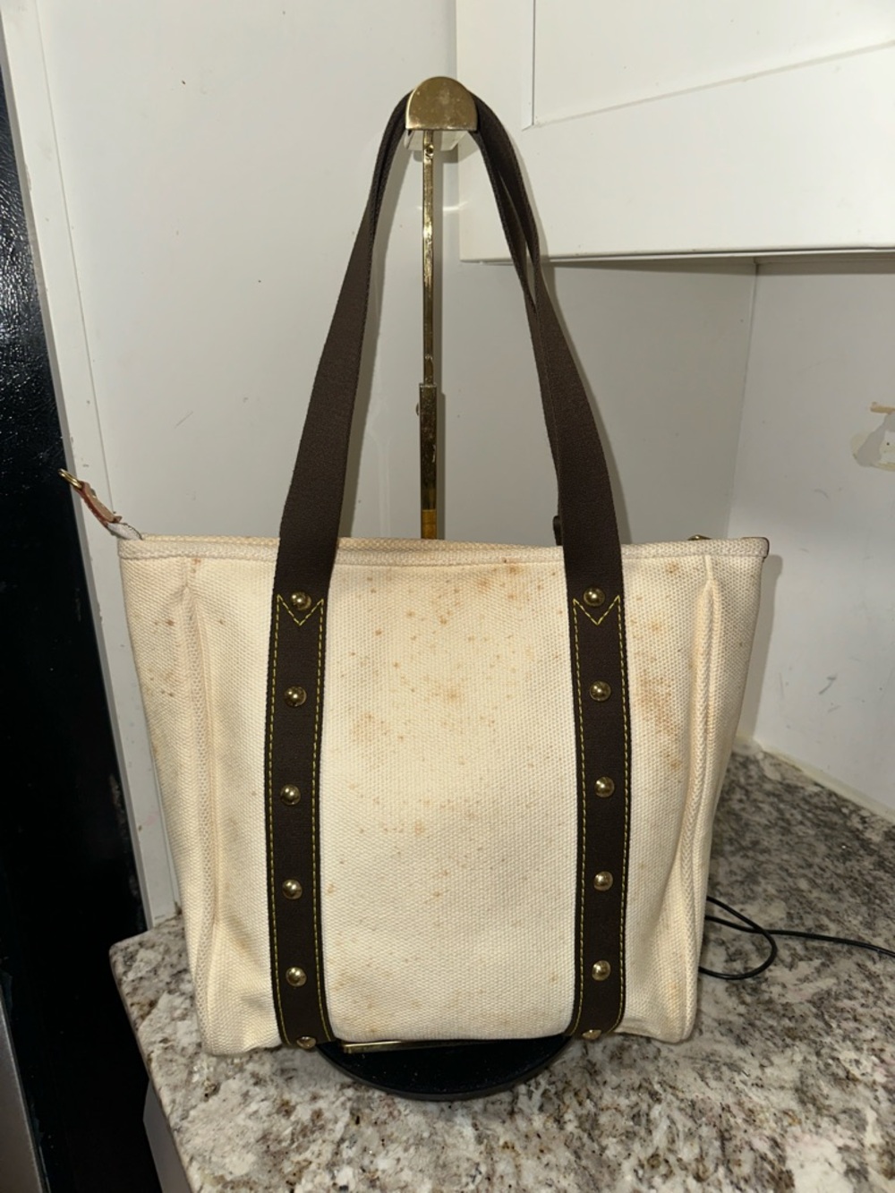 Louis Vuitton Cream Canvas Tote with Dark Brown Straps and Gold Plaque PRE-OWNED - Picture 3 of 17